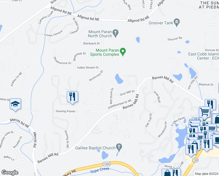 map of restaurants, bars, coffee shops, grocery stores, and more near 951 Mill Stone Drive in Marietta