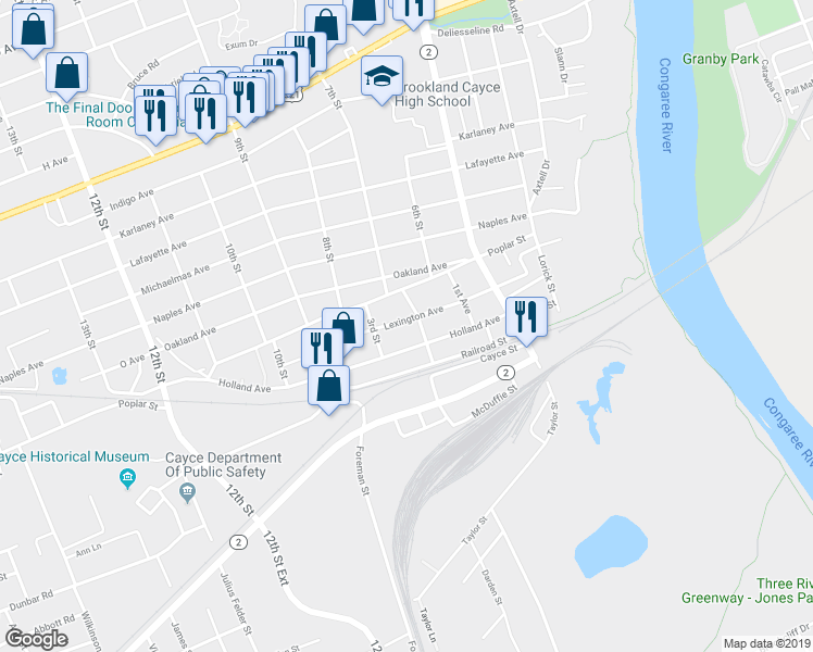 map of restaurants, bars, coffee shops, grocery stores, and more near 713 Lexington Avenue in Cayce