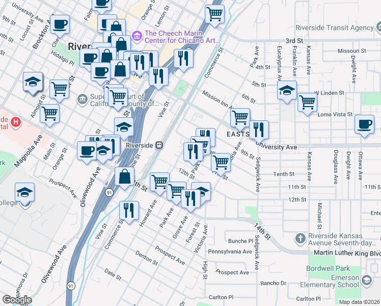 map of restaurants, bars, coffee shops, grocery stores, and more near 2993 11th Street in Riverside