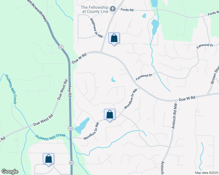 map of restaurants, bars, coffee shops, grocery stores, and more near 6227 Braidwood Way Northwest in Acworth