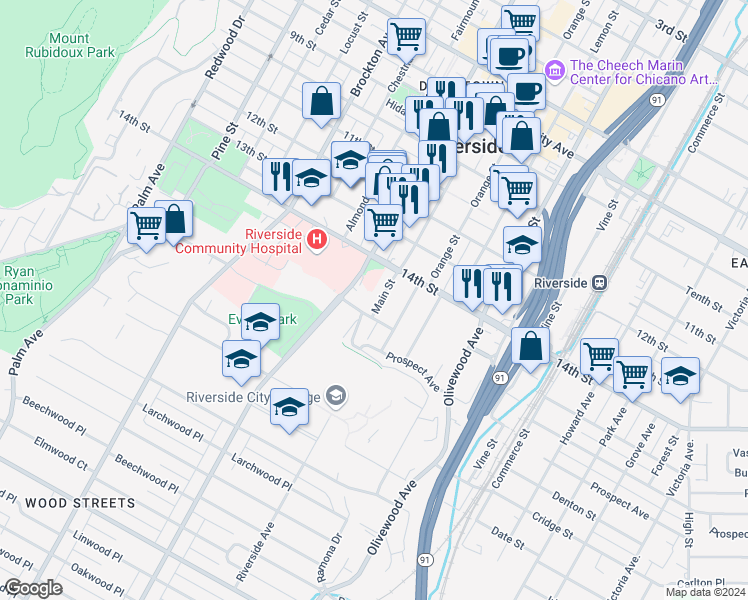 map of restaurants, bars, coffee shops, grocery stores, and more near 4473 Main Street in Riverside