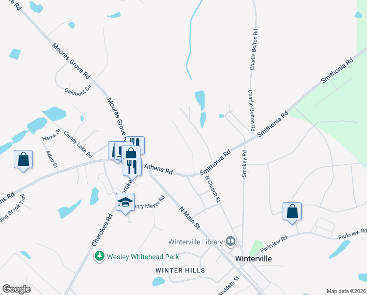 map of restaurants, bars, coffee shops, grocery stores, and more near 137 McAlpin Drive in Winterville
