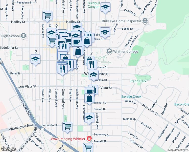 map of restaurants, bars, coffee shops, grocery stores, and more near 13414 Penn Street in Whittier