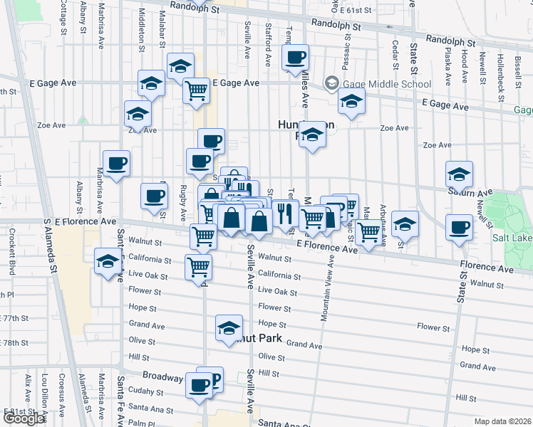 map of restaurants, bars, coffee shops, grocery stores, and more near 7113 Stafford Avenue in Huntington Park