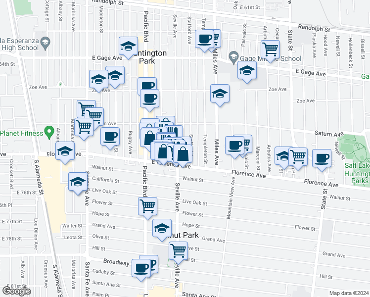 map of restaurants, bars, coffee shops, grocery stores, and more near 7113 Stafford Avenue in Huntington Park