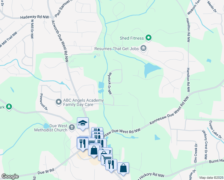 map of restaurants, bars, coffee shops, grocery stores, and more near 832 Wyntuck Drive Northwest in Kennesaw