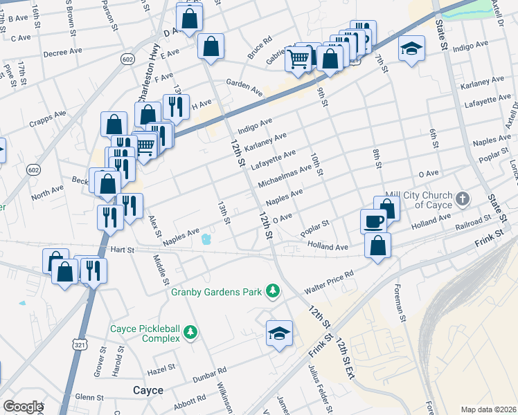 map of restaurants, bars, coffee shops, grocery stores, and more near 1209 Naples Avenue in Cayce