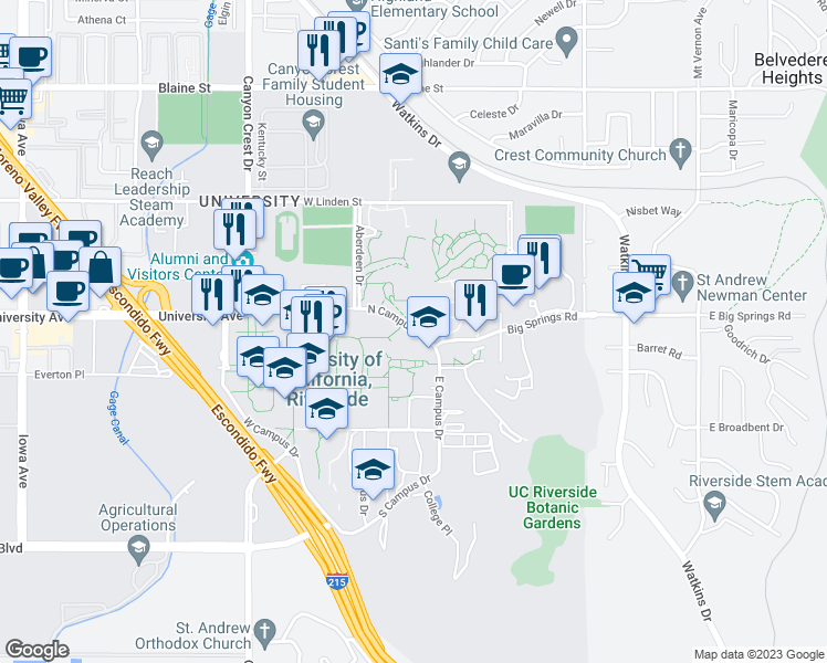 map of restaurants, bars, coffee shops, grocery stores, and more near North Campus Drive in Riverside