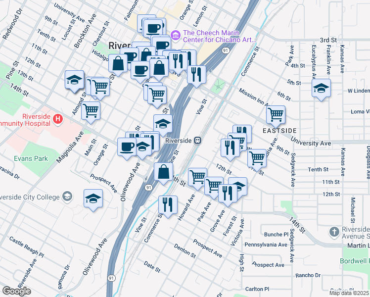 map of restaurants, bars, coffee shops, grocery stores, and more near 4066 Vine Street in Riverside