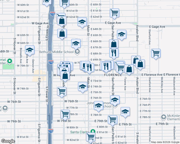 map of restaurants, bars, coffee shops, grocery stores, and more near in Los Angeles