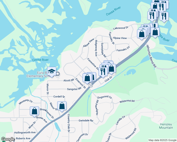 map of restaurants, bars, coffee shops, grocery stores, and more near 133 Whittier Street in Gadsden