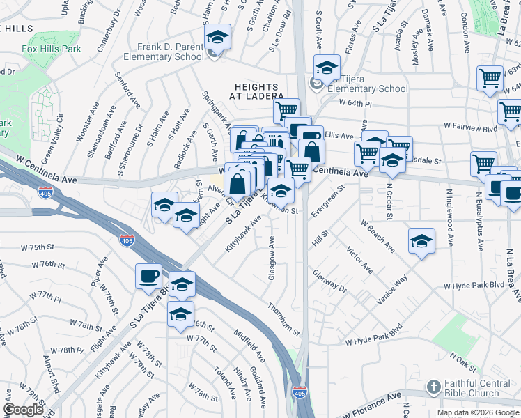 map of restaurants, bars, coffee shops, grocery stores, and more near 6921 Kittyhawk Avenue in Los Angeles