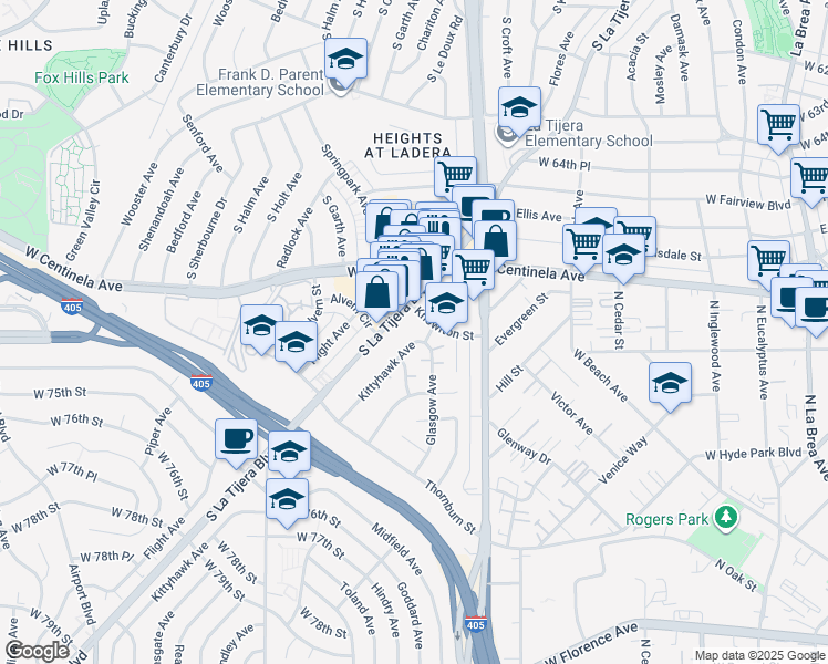 map of restaurants, bars, coffee shops, grocery stores, and more near 6921 Kittyhawk Avenue in Los Angeles
