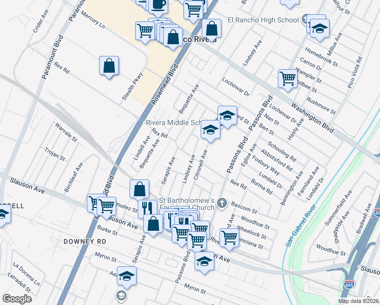 map of restaurants, bars, coffee shops, grocery stores, and more near 9214 Rex Road in Pico Rivera