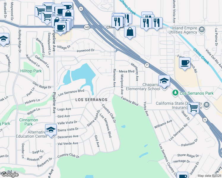 map of restaurants, bars, coffee shops, grocery stores, and more near 4480 Lilac Circle in Chino Hills
