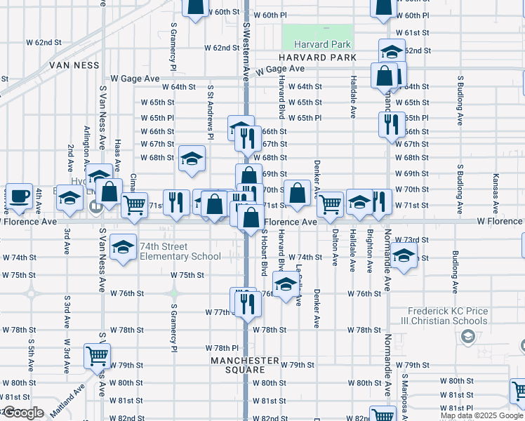 map of restaurants, bars, coffee shops, grocery stores, and more near 1734 West 71st Street in Los Angeles