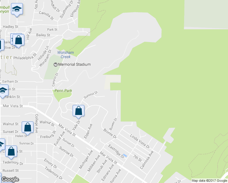 map of restaurants, bars, coffee shops, grocery stores, and more near 7603 Bowen Drive in Whittier