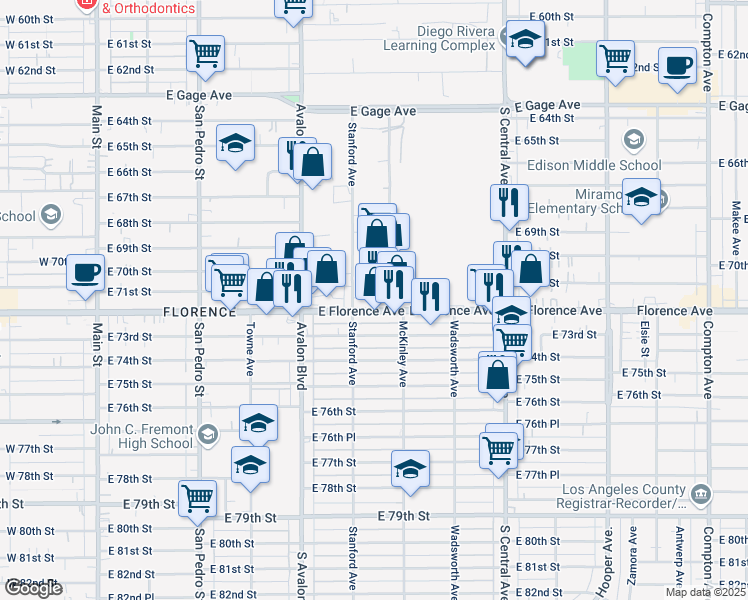 map of restaurants, bars, coffee shops, grocery stores, and more near 737 East Florence Avenue in Los Angeles