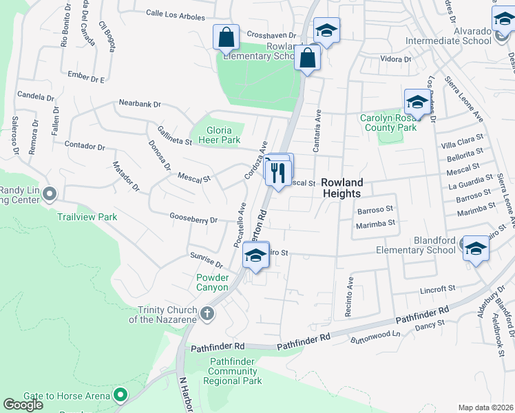 map of restaurants, bars, coffee shops, grocery stores, and more near 2459 Fullerton Road in La Puente