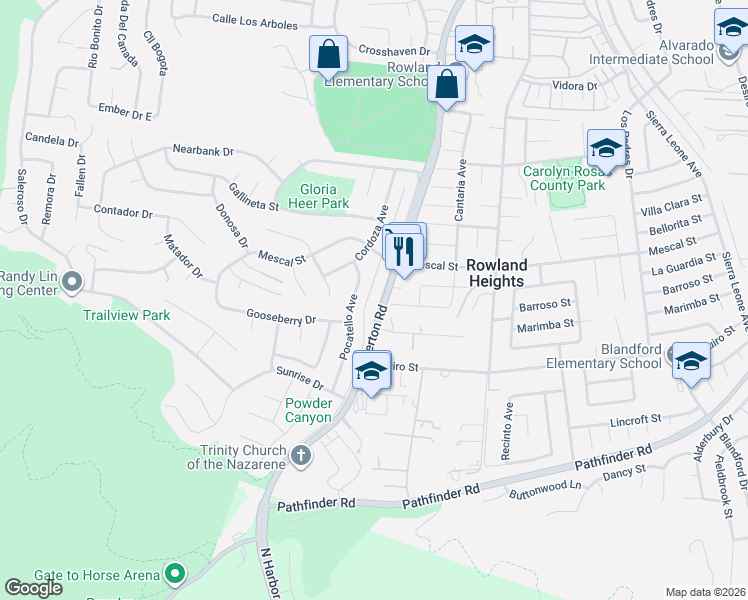 map of restaurants, bars, coffee shops, grocery stores, and more near 2453 Fullerton Road in Rowland Heights