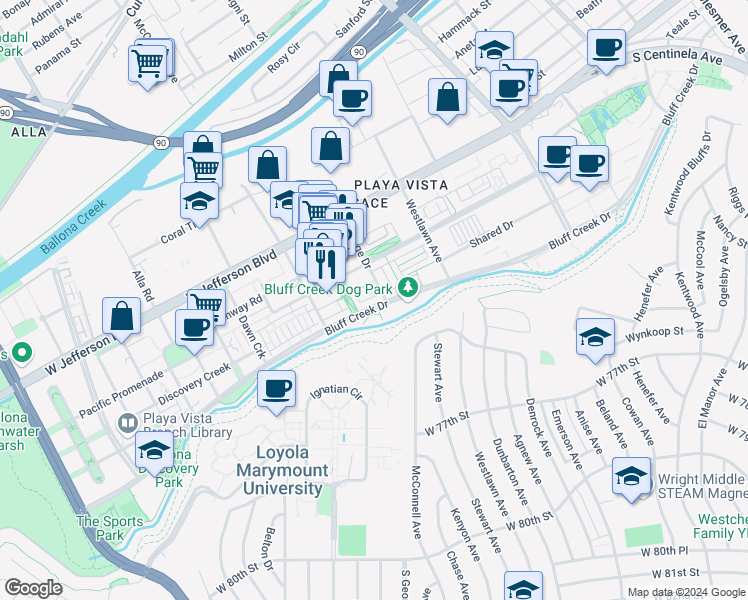 map of restaurants, bars, coffee shops, grocery stores, and more near 12705 Bluff Creek Drive in Los Angeles
