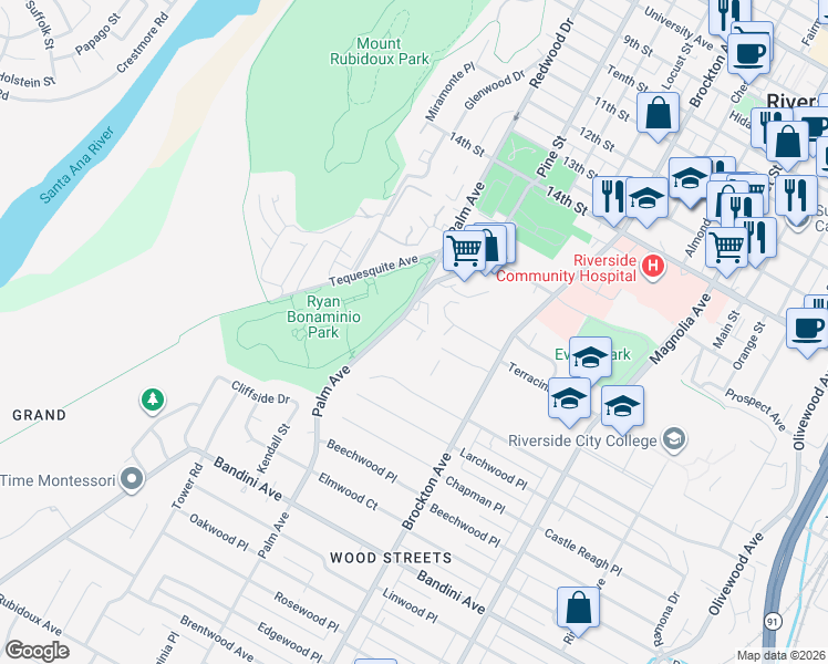 map of restaurants, bars, coffee shops, grocery stores, and more near 4800 Palm Avenue in Riverside