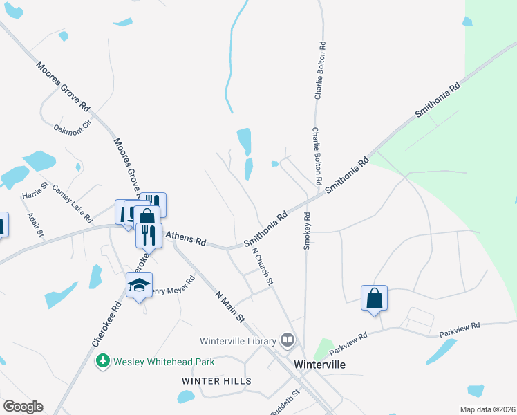 map of restaurants, bars, coffee shops, grocery stores, and more near 129 Smithonia Road in Winterville