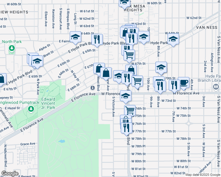 map of restaurants, bars, coffee shops, grocery stores, and more near 7120 Brynhurst Avenue in Los Angeles