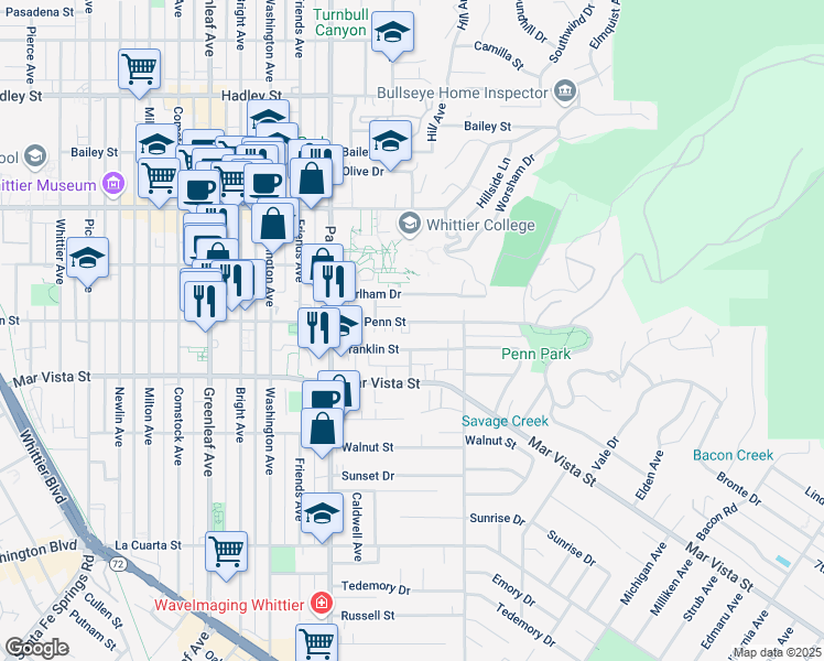 map of restaurants, bars, coffee shops, grocery stores, and more near 13702 Penn Street in Whittier