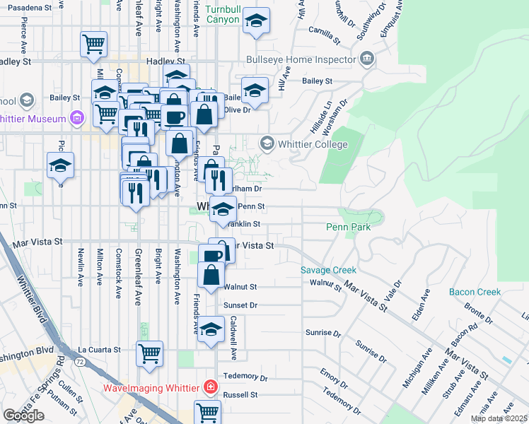 map of restaurants, bars, coffee shops, grocery stores, and more near 13606 Penn Street in Whittier