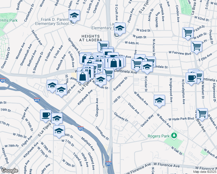 map of restaurants, bars, coffee shops, grocery stores, and more near 5217 Knowlton Street in Los Angeles