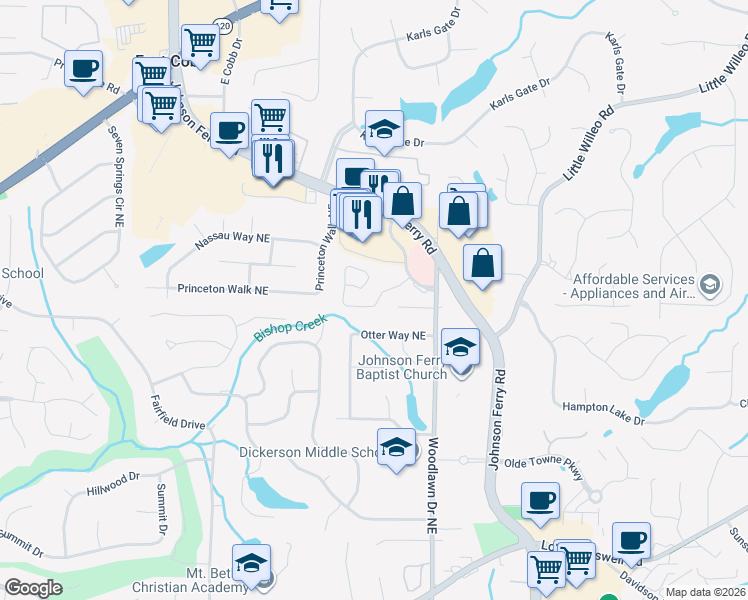 map of restaurants, bars, coffee shops, grocery stores, and more near 4487 Dobbs Crossing in Marietta