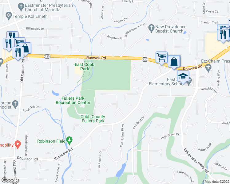 map of restaurants, bars, coffee shops, grocery stores, and more near 986 Hidden Hollow Drive in Marietta