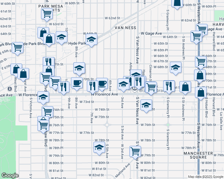 map of restaurants, bars, coffee shops, grocery stores, and more near 7046 4th Avenue in Los Angeles