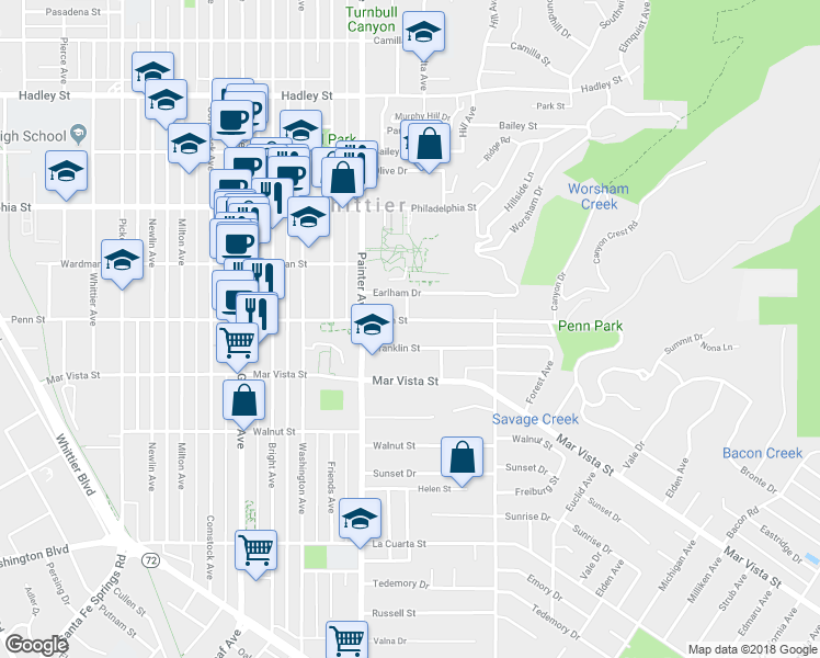 map of restaurants, bars, coffee shops, grocery stores, and more near 13602 Penn Street in Whittier