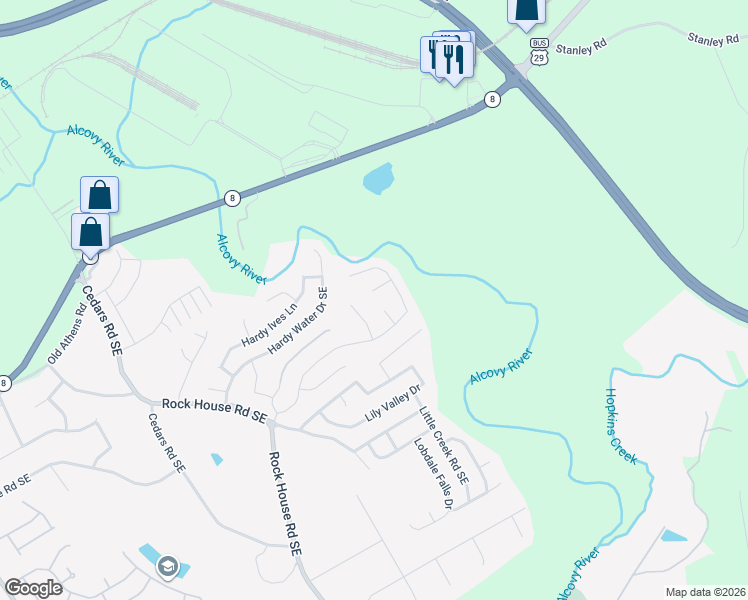 map of restaurants, bars, coffee shops, grocery stores, and more near 1441 Brushed Lane in Lawrenceville