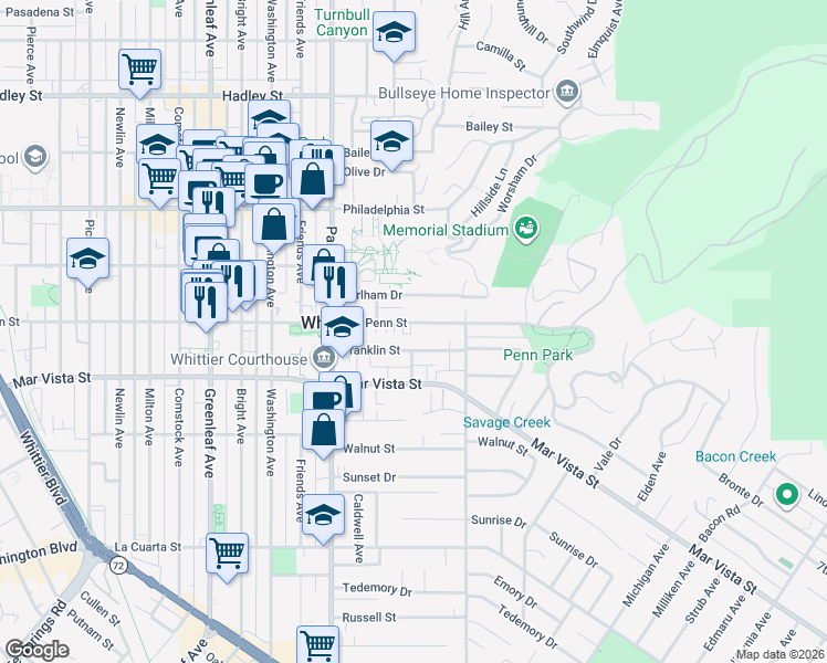map of restaurants, bars, coffee shops, grocery stores, and more near 13702 Penn Street in Whittier