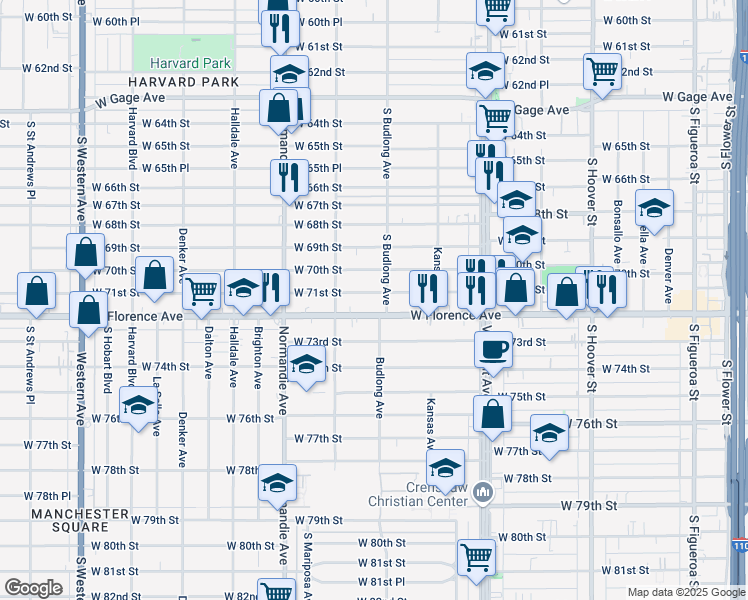 map of restaurants, bars, coffee shops, grocery stores, and more near 1201 West Florence Avenue in Los Angeles