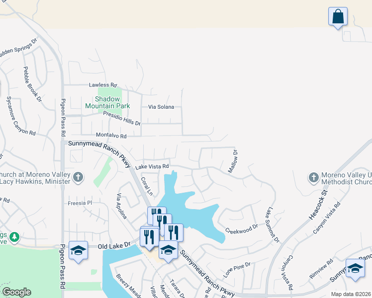 map of restaurants, bars, coffee shops, grocery stores, and more near 10025 Thornbird Court in Moreno Valley