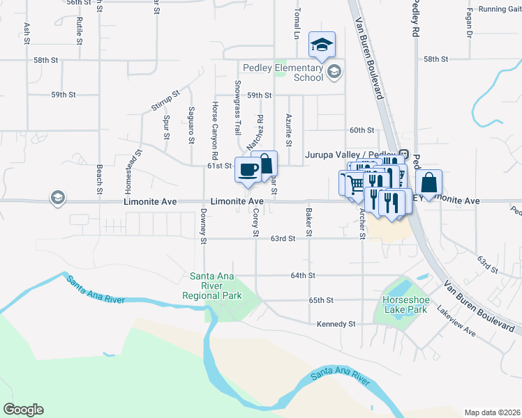 map of restaurants, bars, coffee shops, grocery stores, and more near 9206 Limonite Avenue in Riverside