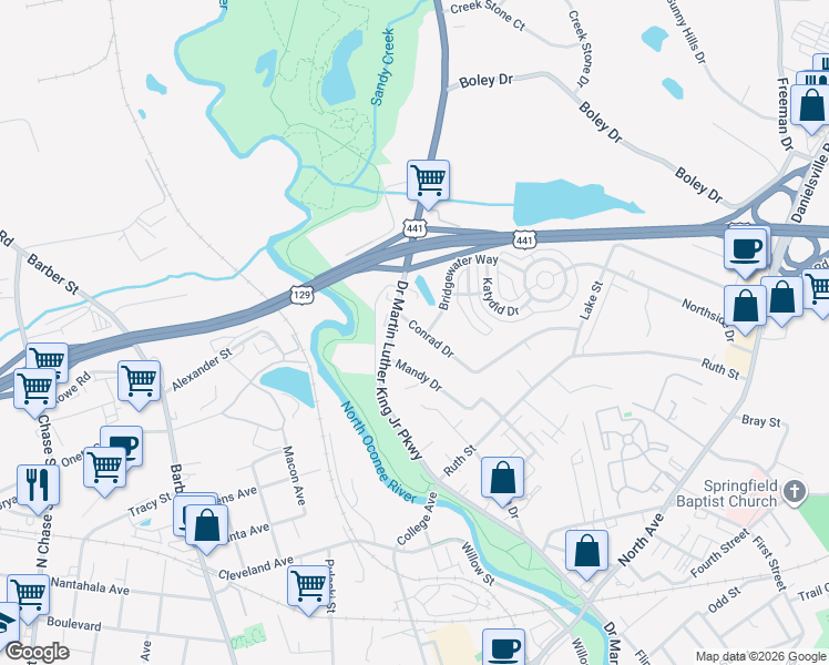 map of restaurants, bars, coffee shops, grocery stores, and more near 145 Conrad Drive in Athens