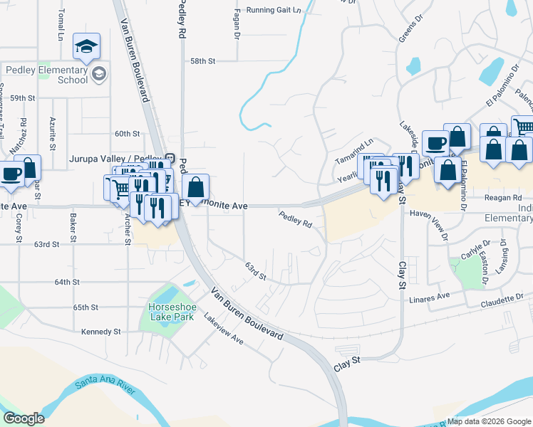 map of restaurants, bars, coffee shops, grocery stores, and more near 8550-8566 Limonite Avenue in Riverside