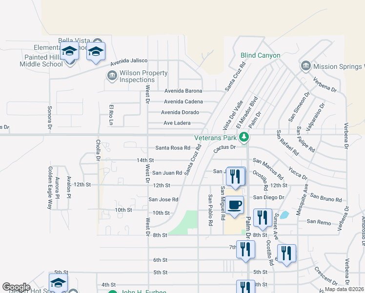 map of restaurants, bars, coffee shops, grocery stores, and more near 66195 Santa Rosa Road in Desert Hot Springs