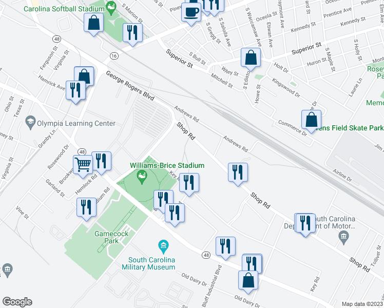 map of restaurants, bars, coffee shops, grocery stores, and more near 1085 Shop Road in Columbia