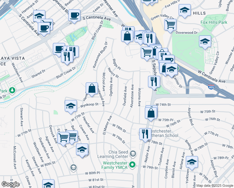 map of restaurants, bars, coffee shops, grocery stores, and more near 7403 El Manor Avenue in Los Angeles