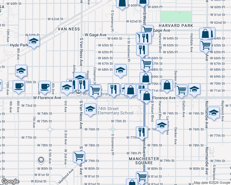 map of restaurants, bars, coffee shops, grocery stores, and more near 1954 West 71st Street in Los Angeles
