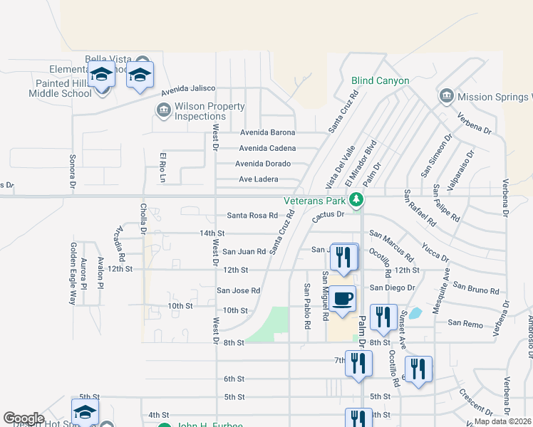 map of restaurants, bars, coffee shops, grocery stores, and more near 65850 Pierson Boulevard in Desert Hot Springs