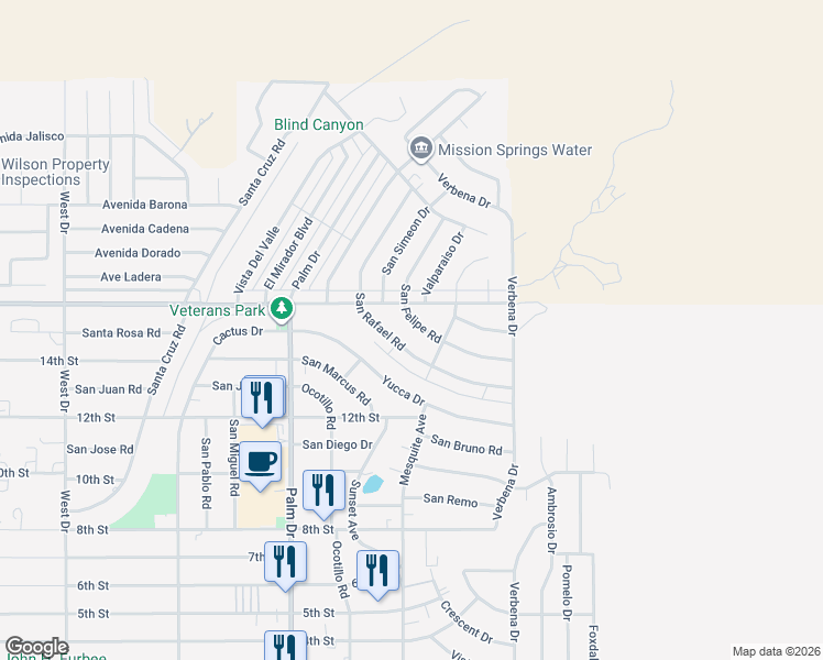 map of restaurants, bars, coffee shops, grocery stores, and more near 66751 San Felipe Road in Desert Hot Springs