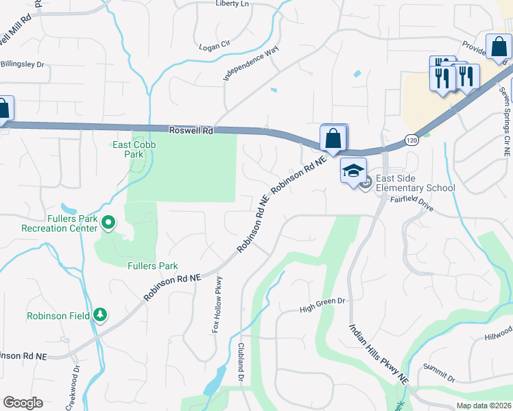 map of restaurants, bars, coffee shops, grocery stores, and more near 3600 Robinson Walk Drive in Marietta