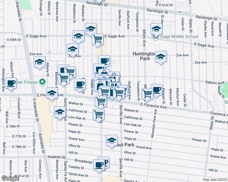 map of restaurants, bars, coffee shops, grocery stores, and more near in Walnut Park